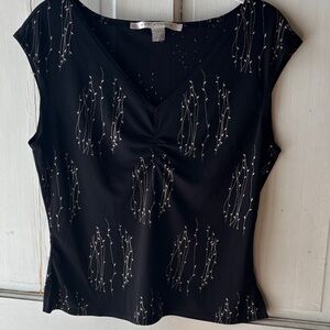 Max Studio Black Cap Sleeve V-neck Blouse with Cream Vine Motif